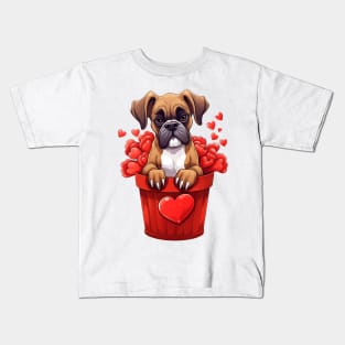 Cartoon Boxer Dog in Hearts Basket Kids T-Shirt